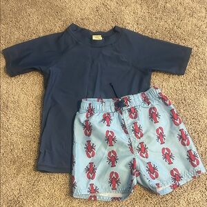 Rugged Butts Rash Guard & Light Blue Lobster Swim Trunks Set